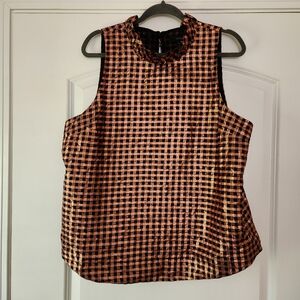 J. CREW METALLIC BRONZE AND BLACK CHECKERED RUFFLENECK TOP SIZE XL